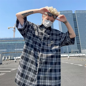F337-P43 夏季潮牌宽松短袖衬衣2024新款复古拼接格子衬衫男 现货图片