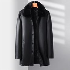 MJ7799R海宁真皮羽绒皮衣男可脱卸水貂毛领头层牛皮白鸭绒皮风衣，男装风衣，电商B360