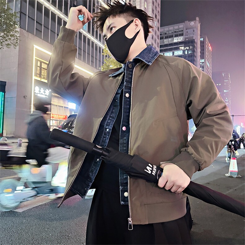 BK20/P118控158春季美式复古假两件拼接牛仔领夹克外套男黑首1,男装夹克,星座305B