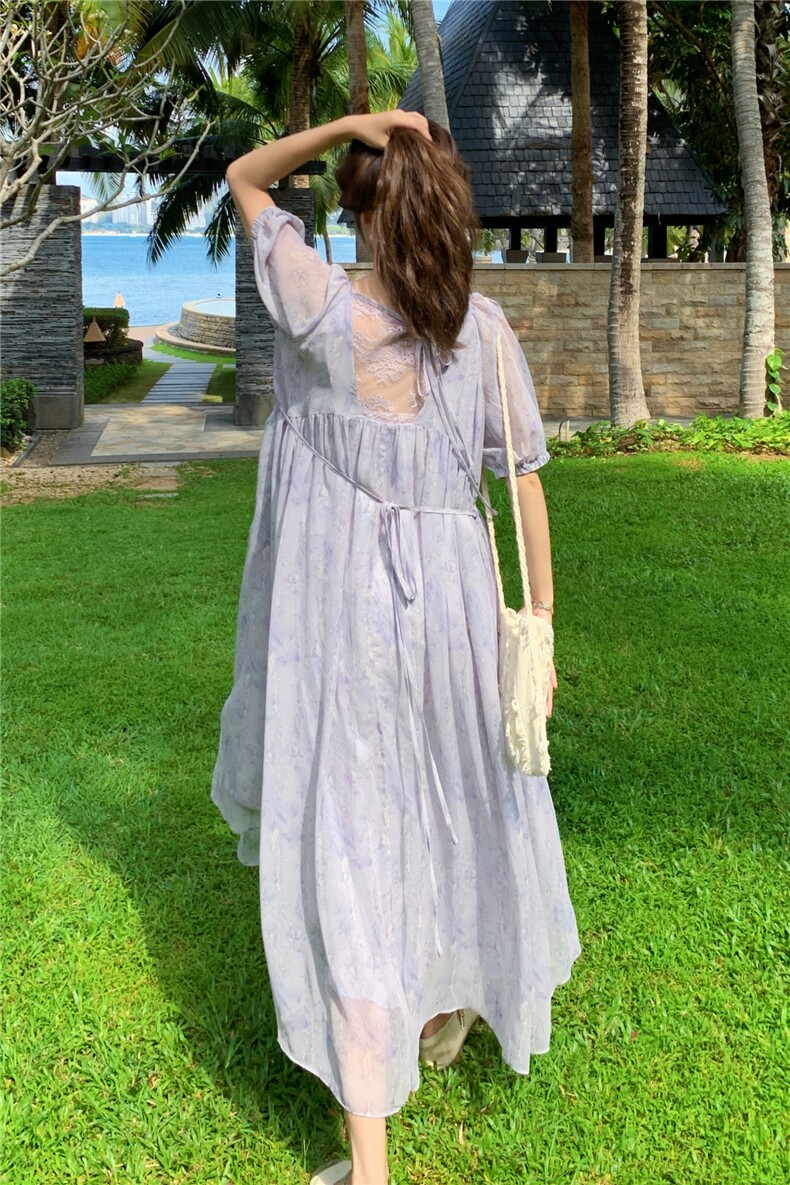 法式气质紫色长袖连衣裙女夏季2025新款小个子海边度假茶歇裙子,女装连衣裙,2C159