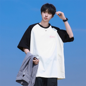 抖音得物高品质二开240克宽松纯棉美式潮牌插肩袖拼接短袖T恤图片