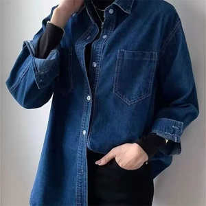 深蓝色男牛仔长袖衬衫高级感性张力穿搭禁欲系英伦雅痞衬衣秋外套图片