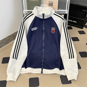 美式学院风vintage三条杠立领卫衣男女秋冬复古情侣宽松开衫外套图片