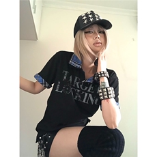 亚文化穿搭短袖t恤男女夏季格子拼接半袖美式街头翻领宽松上衣，男装T恤，星座1210-1