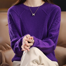 重工移针阿兰花长袖套头纯色2024年秋季羊毛衫，女装羊毛衫，丹芙娇羊绒