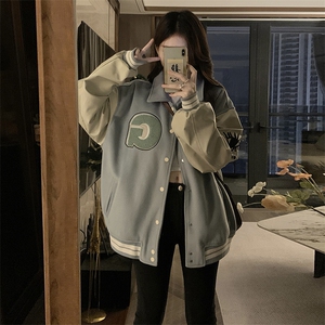 C881-P100美式棒球服秋冬刺绣拼接皮袖复古夹克情侣宽松翻领外套图片