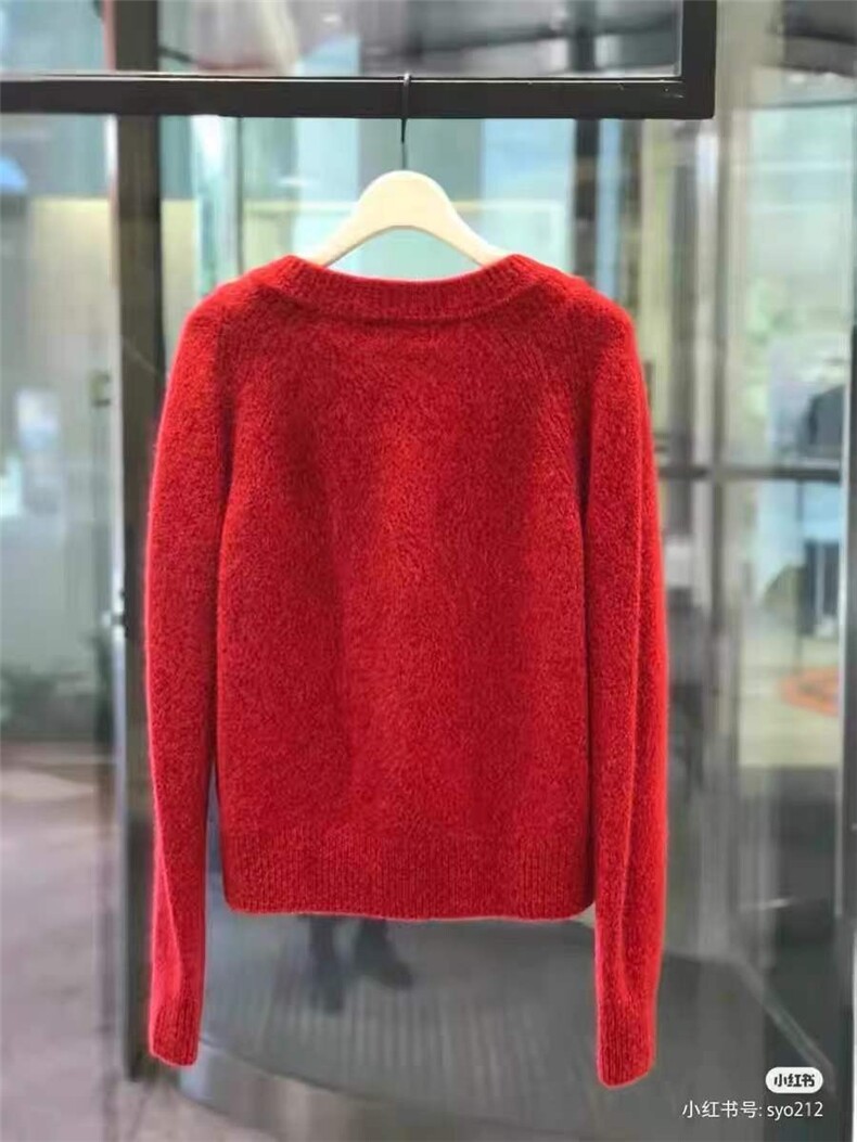时尚潮流通勤百搭长袖纯毛加厚圆V领开衫红色,女装羊毛衫,丽特绒