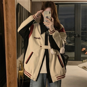 复古拼接刺绣翻领麂皮绒外套宽松情侣休闲棒球服夹克C427-P95图片