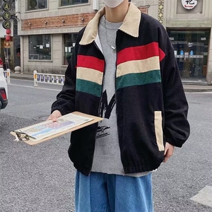 帛跃潮流男撞色拼接灯芯绒夹克春秋季宽松复古休闲工装外套图片