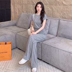 盐系时尚穿搭减龄套装女夏新款修身显瘦圆领短袖上衣阔腿裤两件套，女装套装/套裙，江南