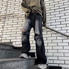 美式vibe潮高街裤子ins潮破洞牛仔裤男宽松直筒阔腿裤N0833-P53，男装牛仔裤，星座308B-1