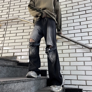 美式vibe潮高街裤子ins潮破洞牛仔裤男宽松直筒阔腿裤N0833-P53图片