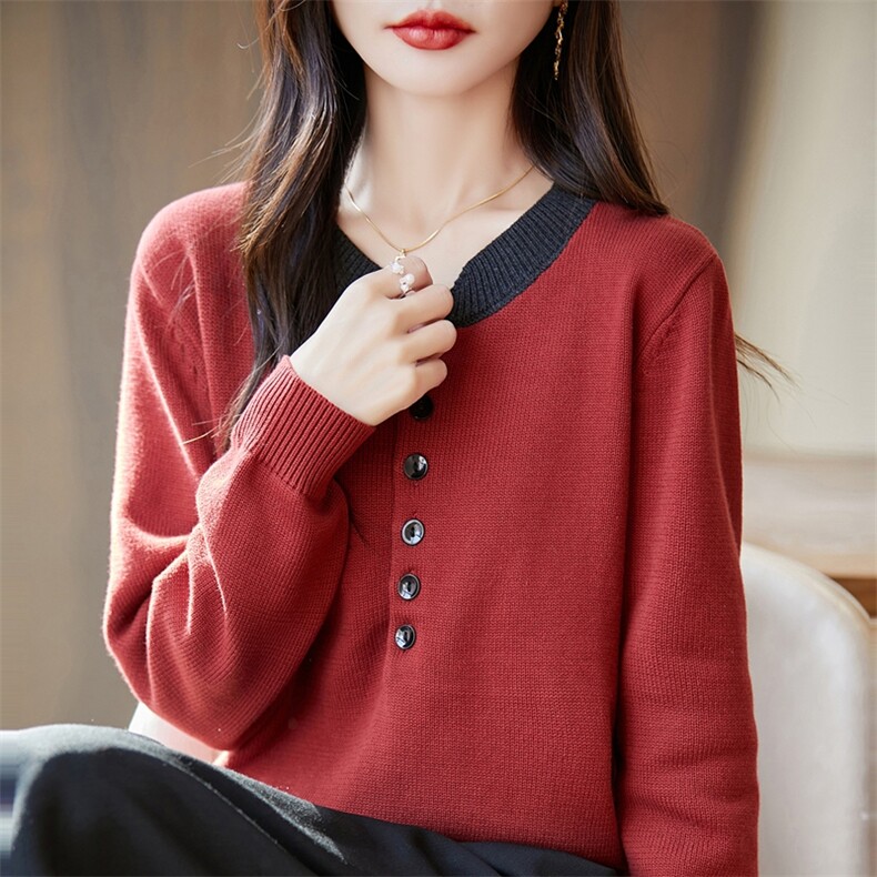 100%纯棉法式撞色假两件针织衫女2025秋冬新款宽松保暖毛衣上衣,针织衫/毛衣,长今羊