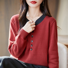 100%纯棉法式撞色假两件针织衫女2025秋冬新款宽松保暖毛衣上衣，女装针织衫/毛衣，长今羊