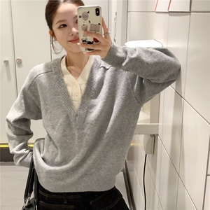 现货 老钱风假两件针织长袖毛衣M082/P60图片