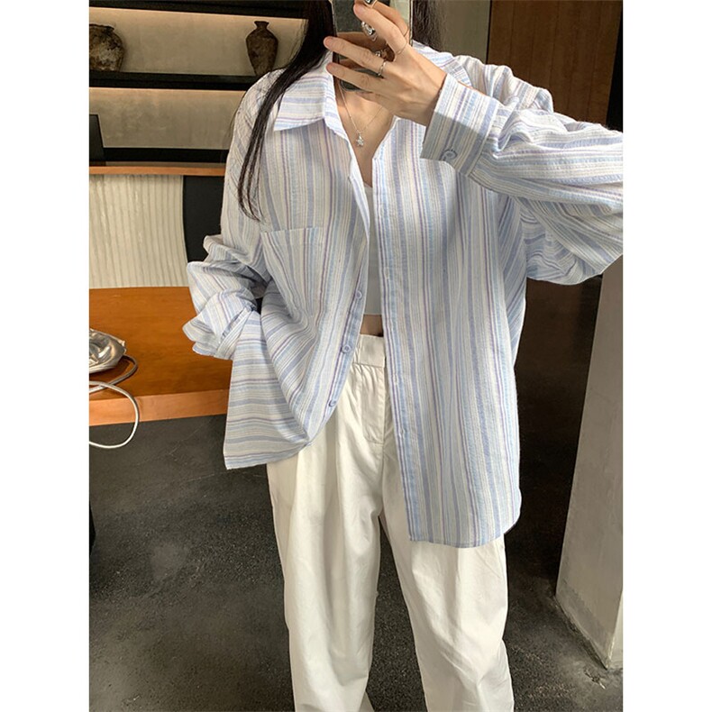 TC791-P45粉色条纹长袖薄款衬衣2024夏季宽松慵懒上衣百搭款,男装衬衫,星座617A-2