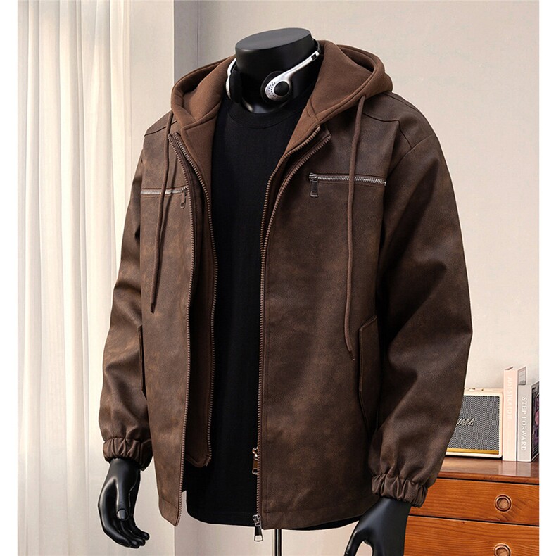 港风连帽PU皮假两件复古做旧面料金属装饰夹克男JK77767P108控148，男装夹克，星座226-1