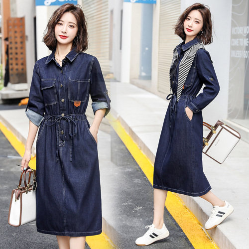 牛仔裙连衣裙女2024春夏新款系绳收腰显瘦气质中长款减龄衬衫裙子,女装连衣裙,慧尚依恋