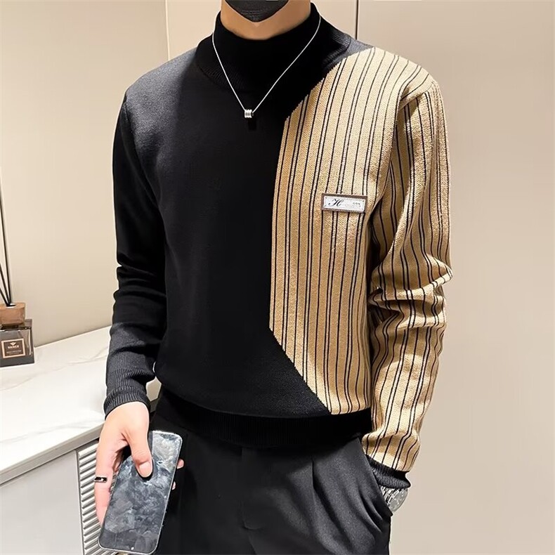 高领毛衣男秋冬季宽松毛线衣撞色拼接打底针织衫男上衣S593,男装T恤,星座1116A-2（原606A-1）