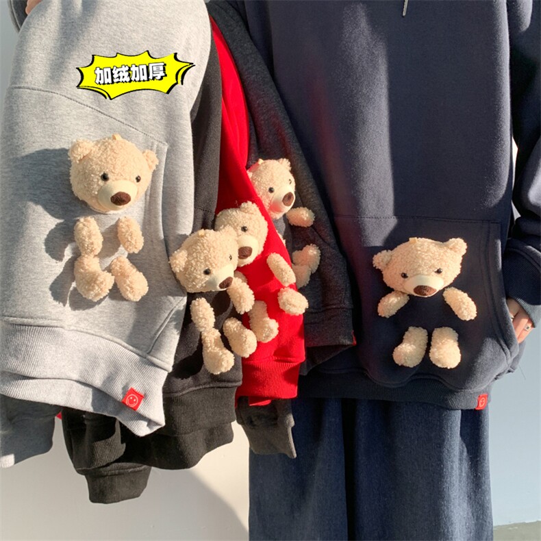 2021冬季新白墙港风大码男女送小熊加绒加厚网红连帽卫衣W5205P55图片