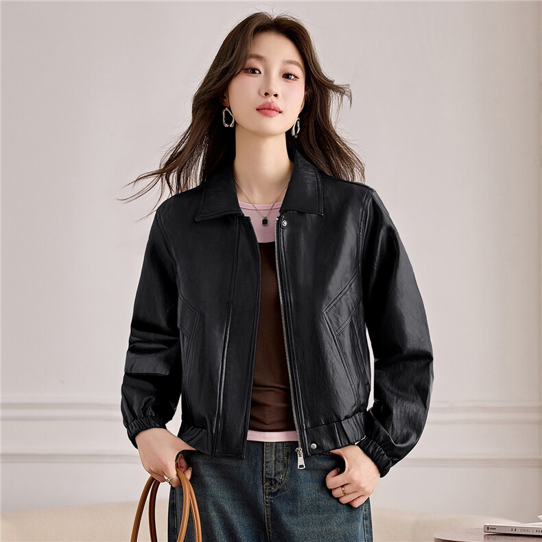 2625短款翻领皮衣外套女春秋新款宽松显瘦洋气百搭休闲夹克秋季,女装皮衣,潮流依族
