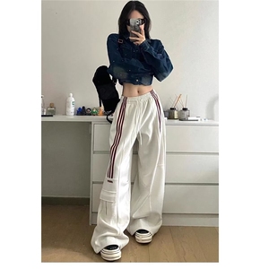 美式复古工装三条杠休闲裤女新款高腰显瘦直筒阔腿运动裤子潮ins,三种衬衫引领搭配图片