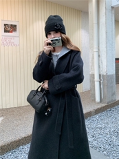 现货新款韩范中长款过膝双面羊绒大衣黑灰色高端毛呢连帽外套，女装双面呢大衣，网红馆