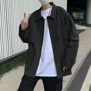 日系青春流行男时尚翻领慵懒风衣潮百搭潮流纯色秋季简约新款图片
