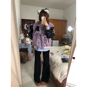 美式紫色字母刺绣拼色棒球服外套男女宽松春季潮高街夹克 JLS681图片