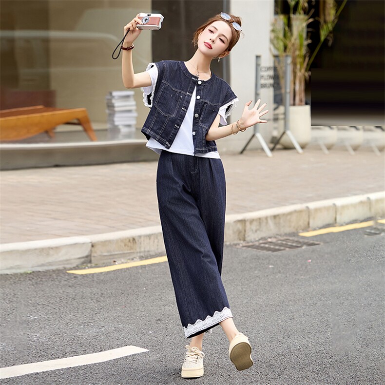 牛仔套装女2025夏季新款韩系小香风蕾丝无袖背心九分裤穿搭一整套,女装套装/套裙,贵人树