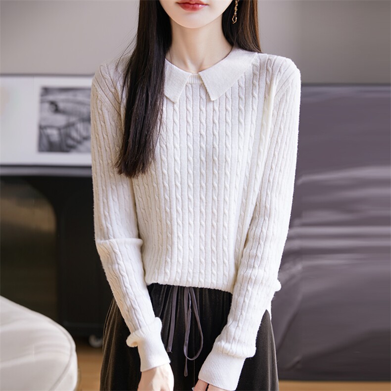 24秋冬100%纯羊毛衫女POLO领麻花针织毛衣宽松百搭羊绒衫打底上衣,女装羊毛衫,朝思羊绒