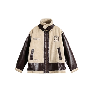 2025冬拼接羊羔毛pu皮棉服--5174图片