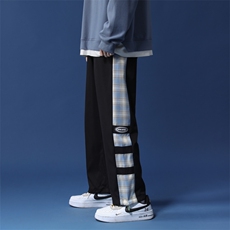 K6013/P40春装新中性风蓝底格子撞色休闲裤男宽松大码潮裤子控58，女装休闲裤，电商A141