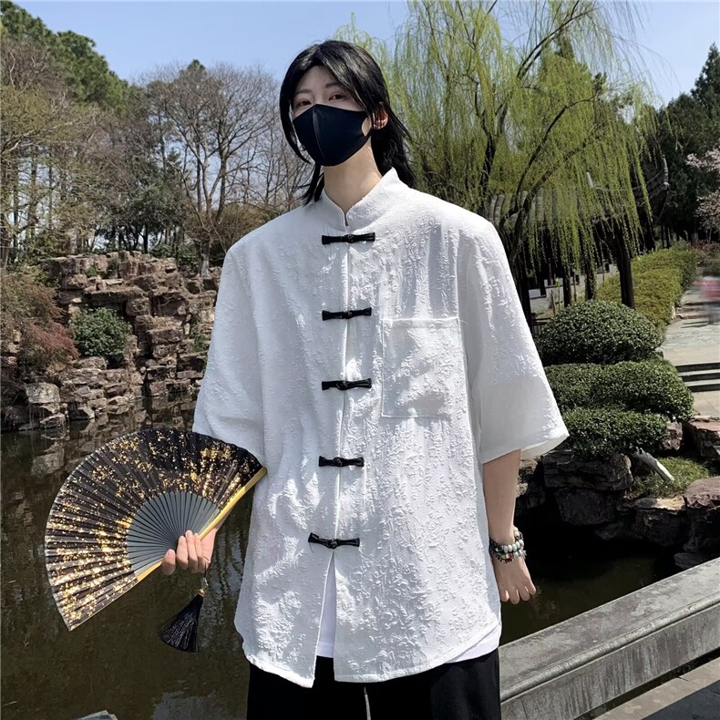 风夏男短袖衬衫提花唐装盘扣七分袖短衬衣CS1279 P43图片