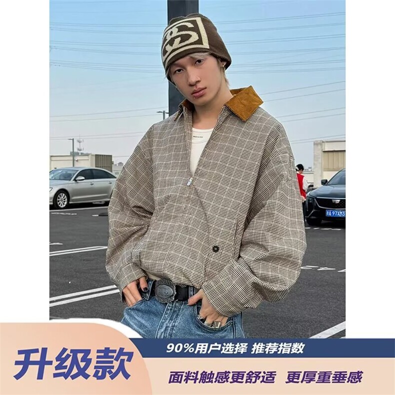 JK22-P64 2025秋季新款撞色皮领蓝色格子夹克外套男士宽松复古图片
