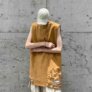 背心/马甲/坎肩 夏季圆领下摆破洞 无袖纯色T恤 B239-1237-P45图片