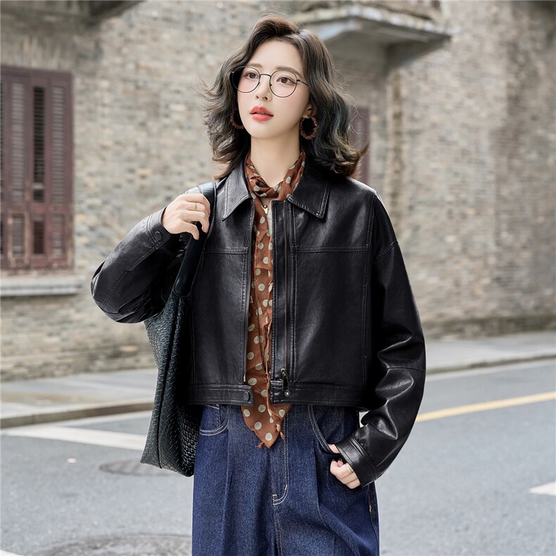 港风复古机车短款皮衣外套女2025秋新款翻领小个子超好看夹克上衣,女装皮衣,英标秀（1C119）