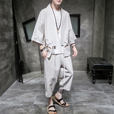 A611P75室内风2024春夏装新款七分袖七分裤仙鹤刺绣宽松汉服套装，男装T恤，电商A026