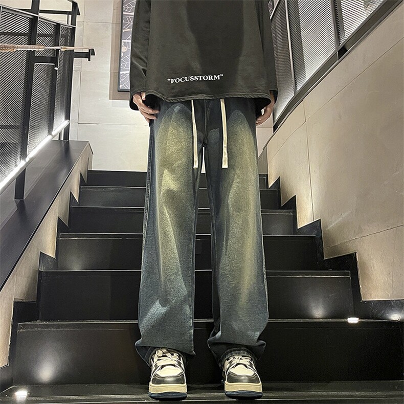 秋季新款港风日系复古水洗重磅磨白直筒抽绳牛仔裤男ZK3751-P50,男装牛仔裤,星座313A(原308A-2)