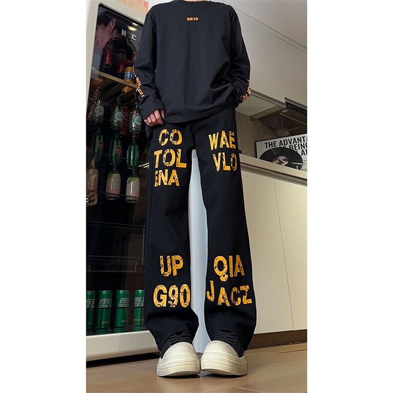 现货 美式高街斑驳黄色字母宽松直筒牛仔裤男 K5818-P50 控68图片