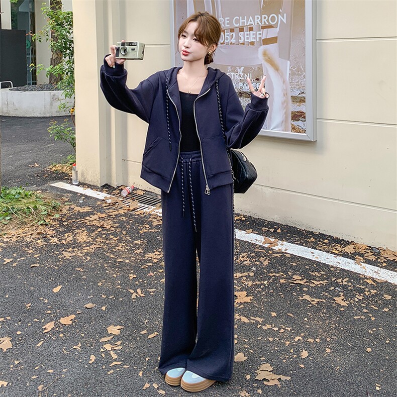 休闲减龄穿搭藏蓝色连帽卫衣套装女春秋超火好看高级感长裤两件套,女装套装/套裙,2C205