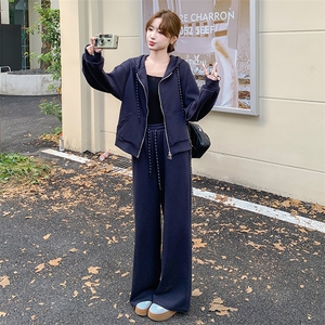 休闲减龄穿搭藏蓝色连帽卫衣套装女春秋超火好看高级感长裤两件套图片