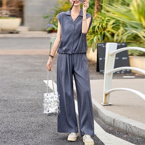 蓝色高级感韩系套装女小个子2025夏季新款V领衬衫+宽松百搭阔腿裤图片
