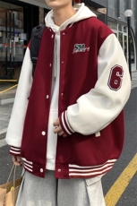 酒红色美式hiphop棒球服男春秋季roora情侣装外套拼色飞行员夹克，男装夹克，电商A102B