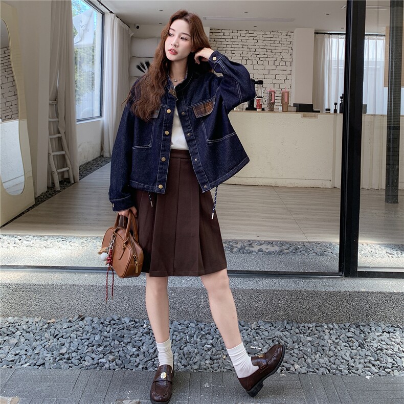 休闲工装格纹拼接牛仔短外套女春秋2025新款巨好看超火百搭高级感,女装短外套,2C306