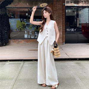 老钱风亚麻西装马甲阔腿两件套女2026新款夏季薄款透气高级感套装图片