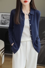 春秋POLO领开衫女亮丝宽松长袖外搭针织衬衣领气质上衣精纺羊毛衫，女装羊毛衫，朝思羊绒