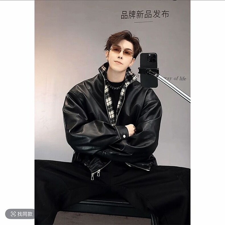 秋冬复古格子拼接机车皮衣夹克外套男潮JK2377-P145（网图）,男装夹克,电商B267