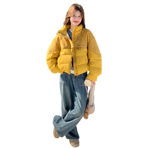 黄色牛角扣拼接羽绒服女2026新款短款小个子立领90绒加厚百搭外套图片