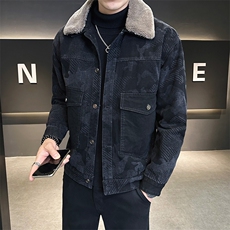 牛仔夹克男冬季新款羊羔毛领迷彩加绒加厚保暖外套，男装夹克，电商A313